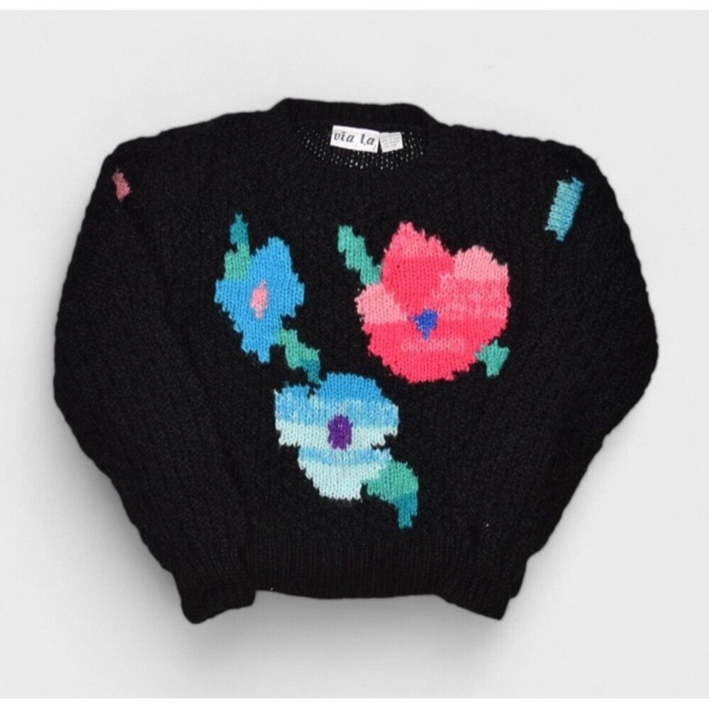 Vintage Floral Sweater Womens Medium Chunky Knit Crewneck Via La Boho Hippy